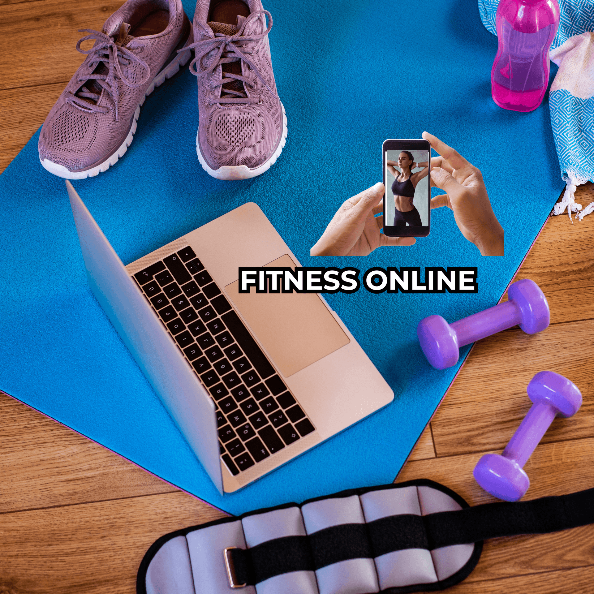 Online fitness setup on yoga mat with laptop, phone, sneakers, weights, and water bottle.