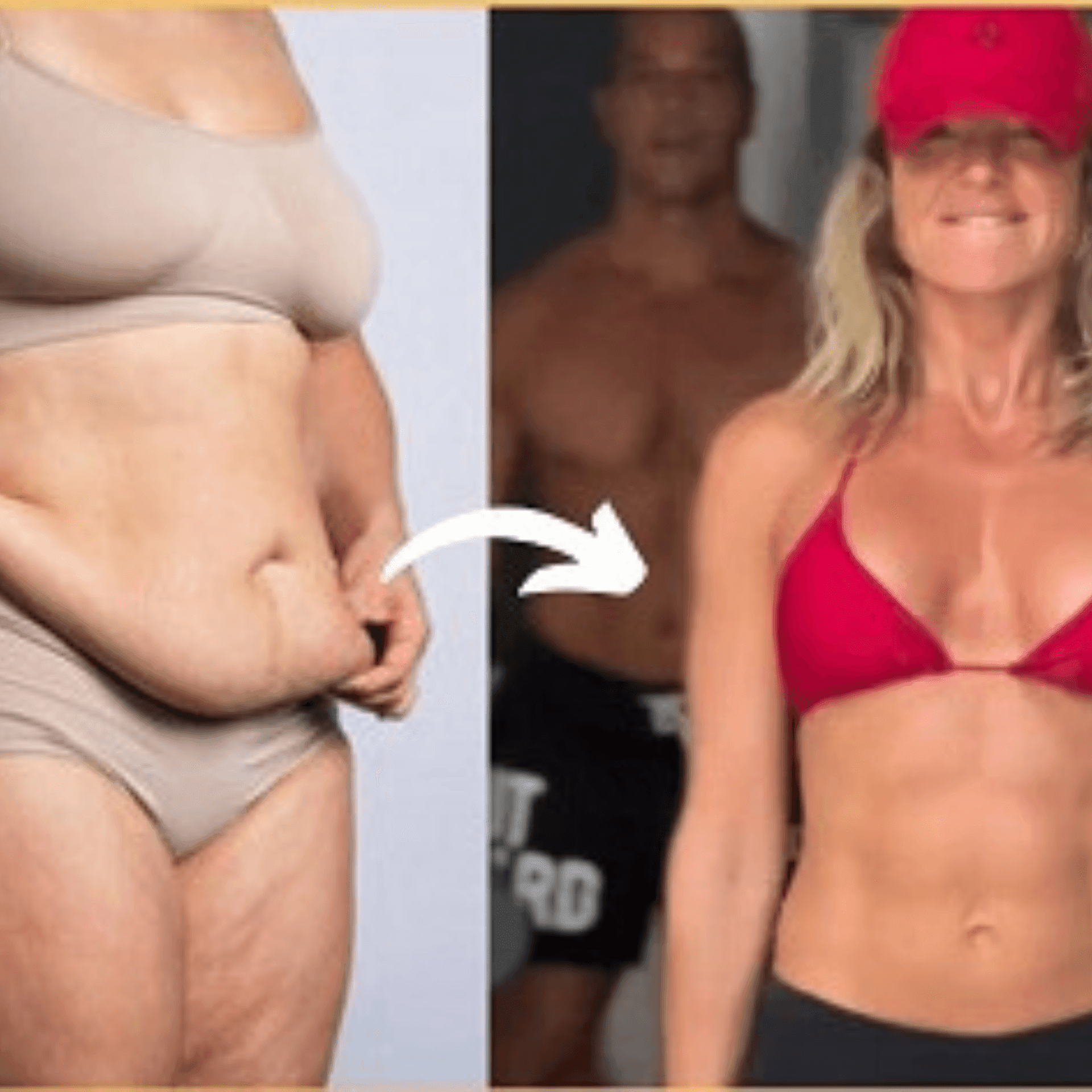 Before and after photo showing weight loss transformation of a woman in swimwear.