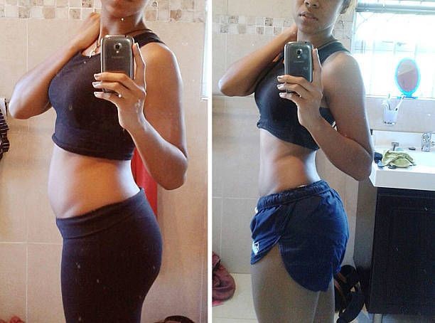 Before and after photos of a woman taking selfies in the mirror, showing weight loss transformation.