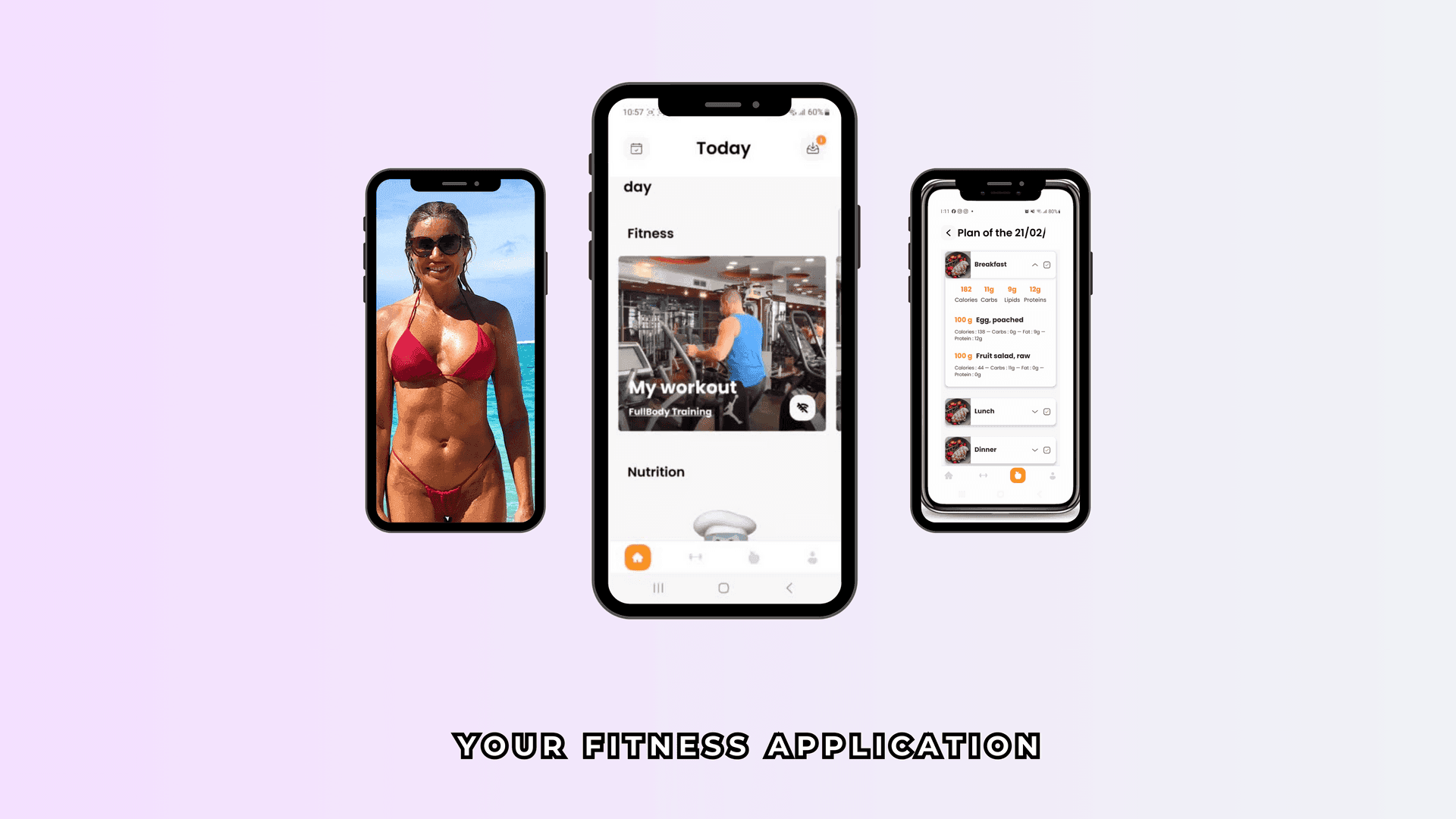 Three smartphones displaying a fitness application interface and a beach image.