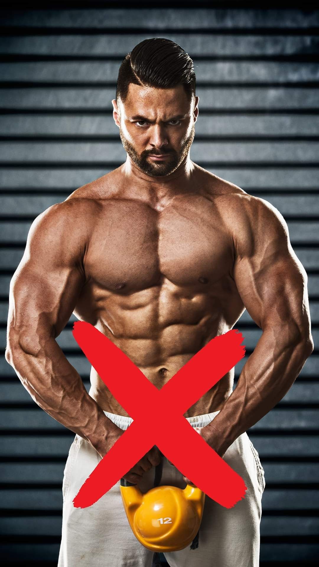 Muscular person holding a yellow kettlebell with a red X drawn over the image.